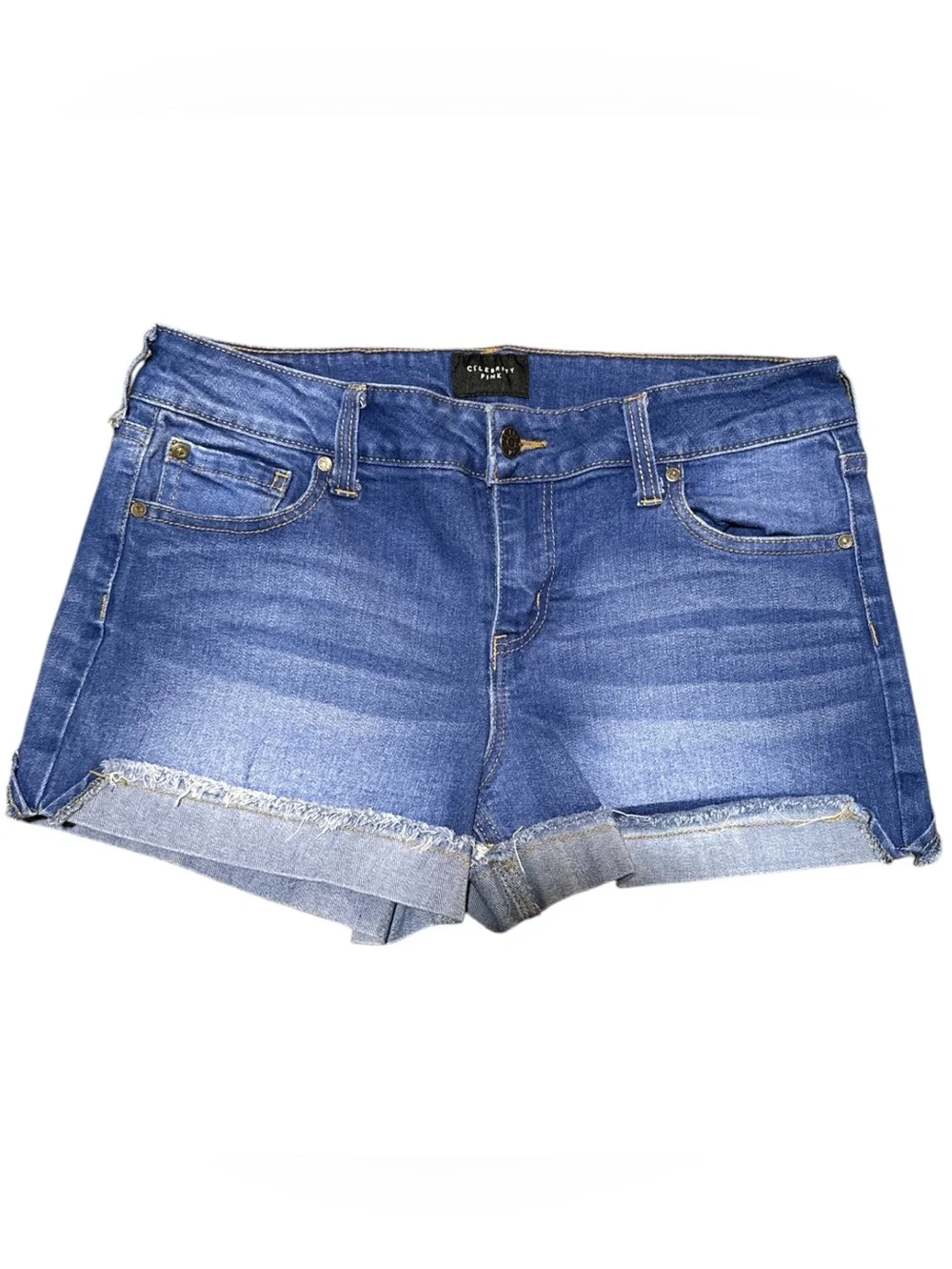 Celebrity Pink Distressed Blue Denim Roll-Cuff Shorts